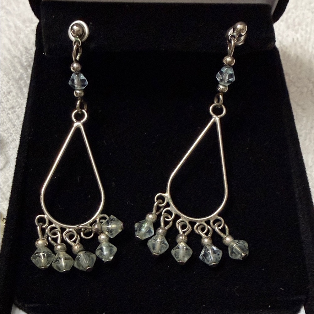 Silver Teardrop Dangle Earrings with Pale Blue Beads